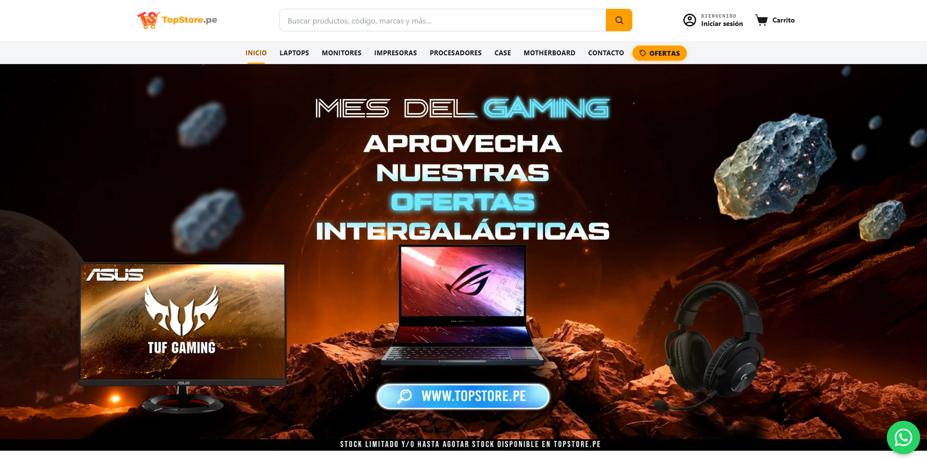 Portada de TopStore con categorías de tecnología y campaña de productos gaming